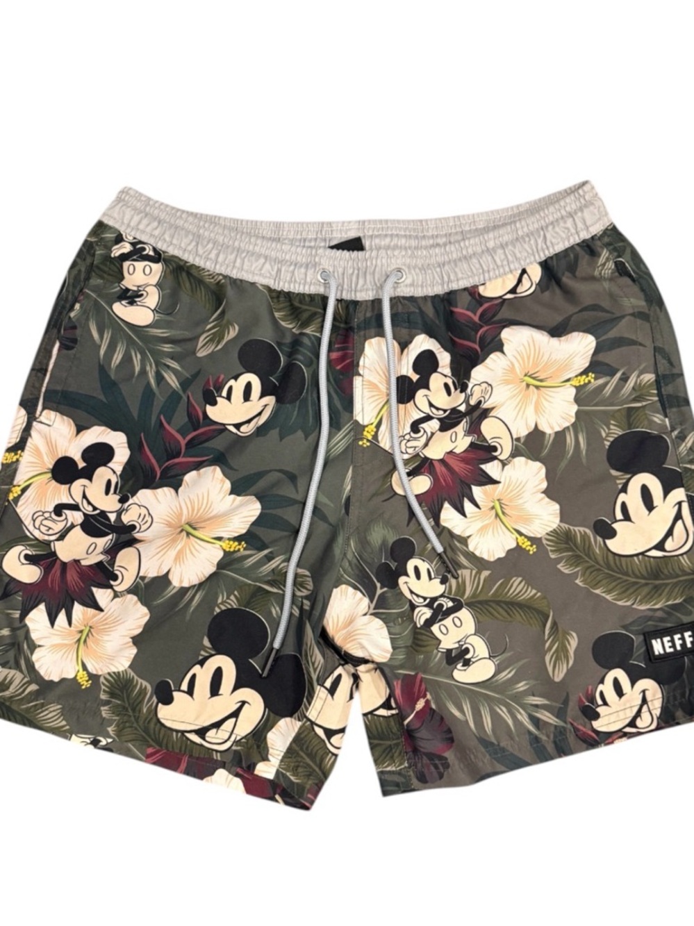 Neff Olive Green Mickey Mouse Floral Swim Shorts